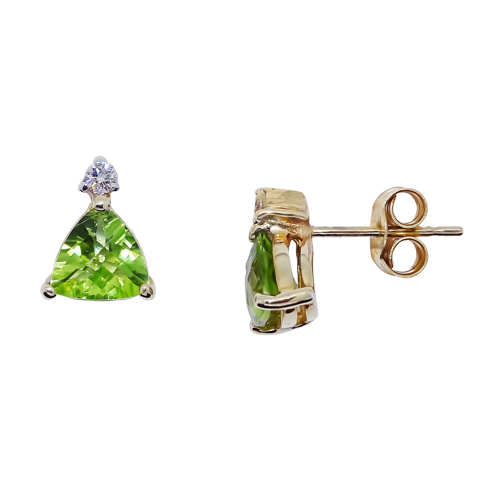 9ct gold 6mm trillion peridot & diamond stud earrings 0.06ct