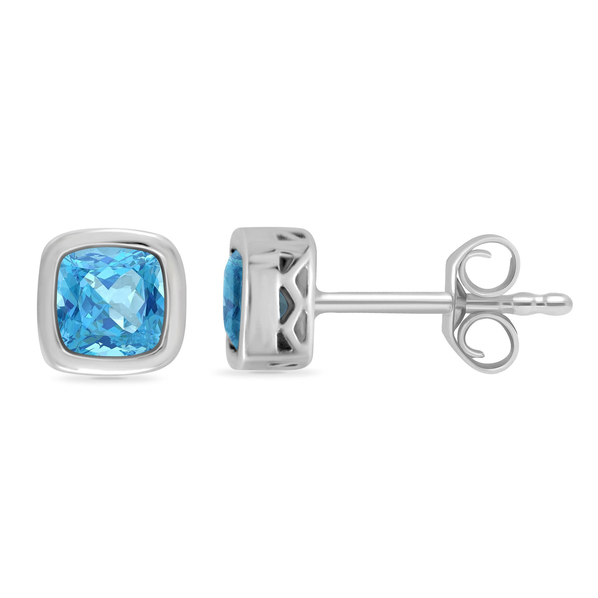 9ct white gold 5mm cushion shape rub over set blue topaz stud earrings