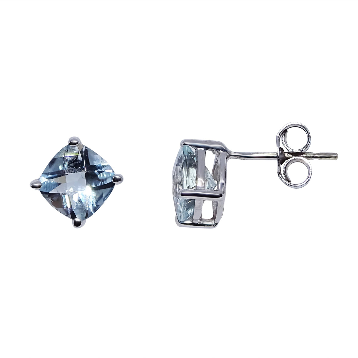 9ct white gold checkerboard cut 6mm cushion shape aquamarine stud earrings