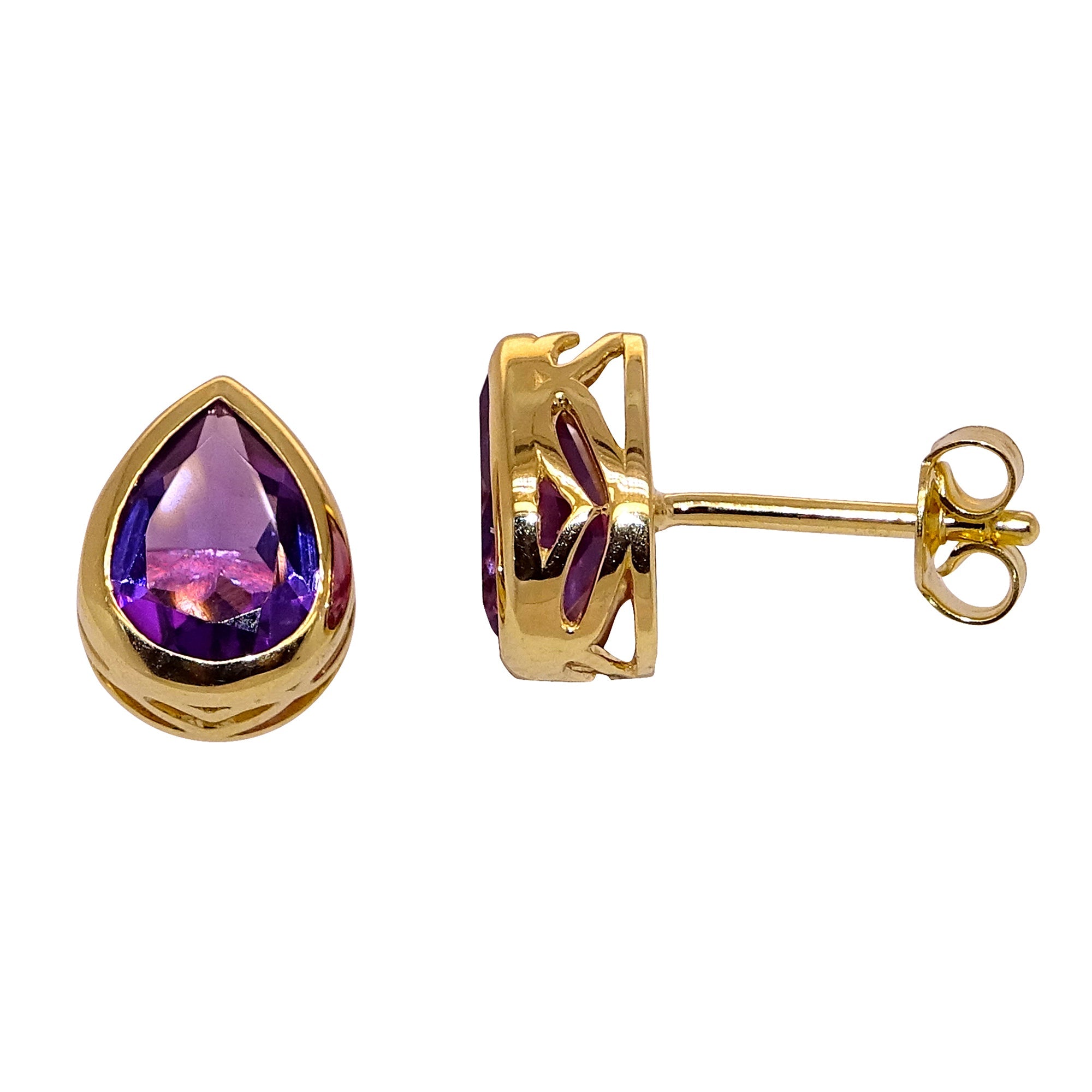9ct gold 8x6mm pear shape amethyst stud earrings