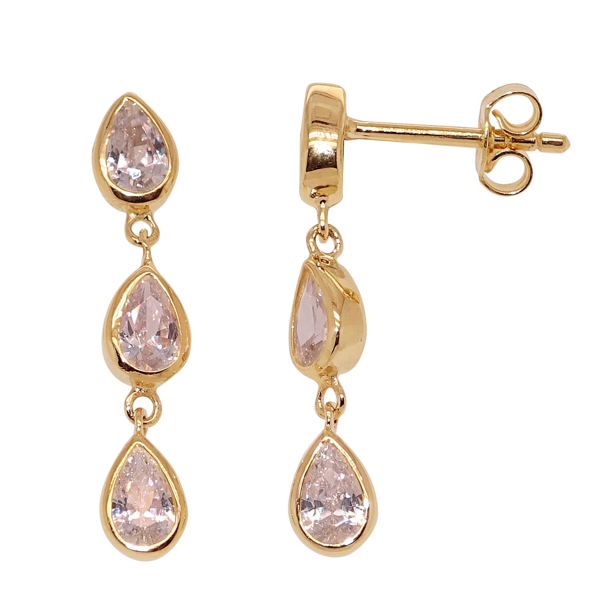 9ct gold triple 5x3 mm pear shape rub over set cz drop earrings