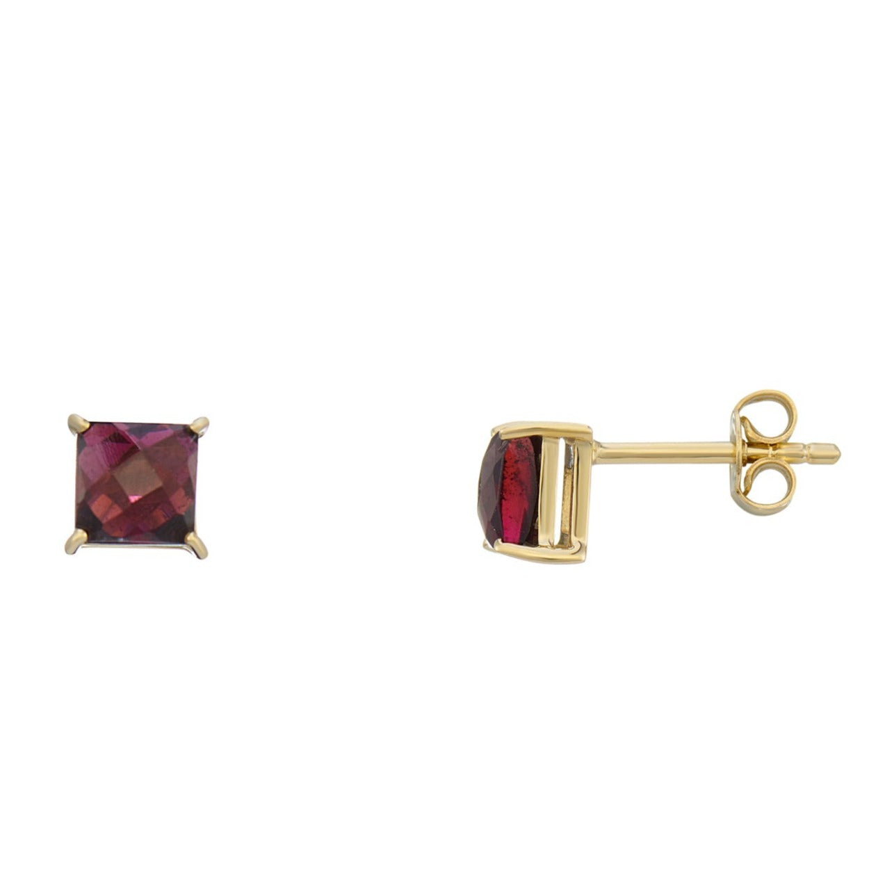 9ct gold 5mm square checkerboard cut garnet stud earrings