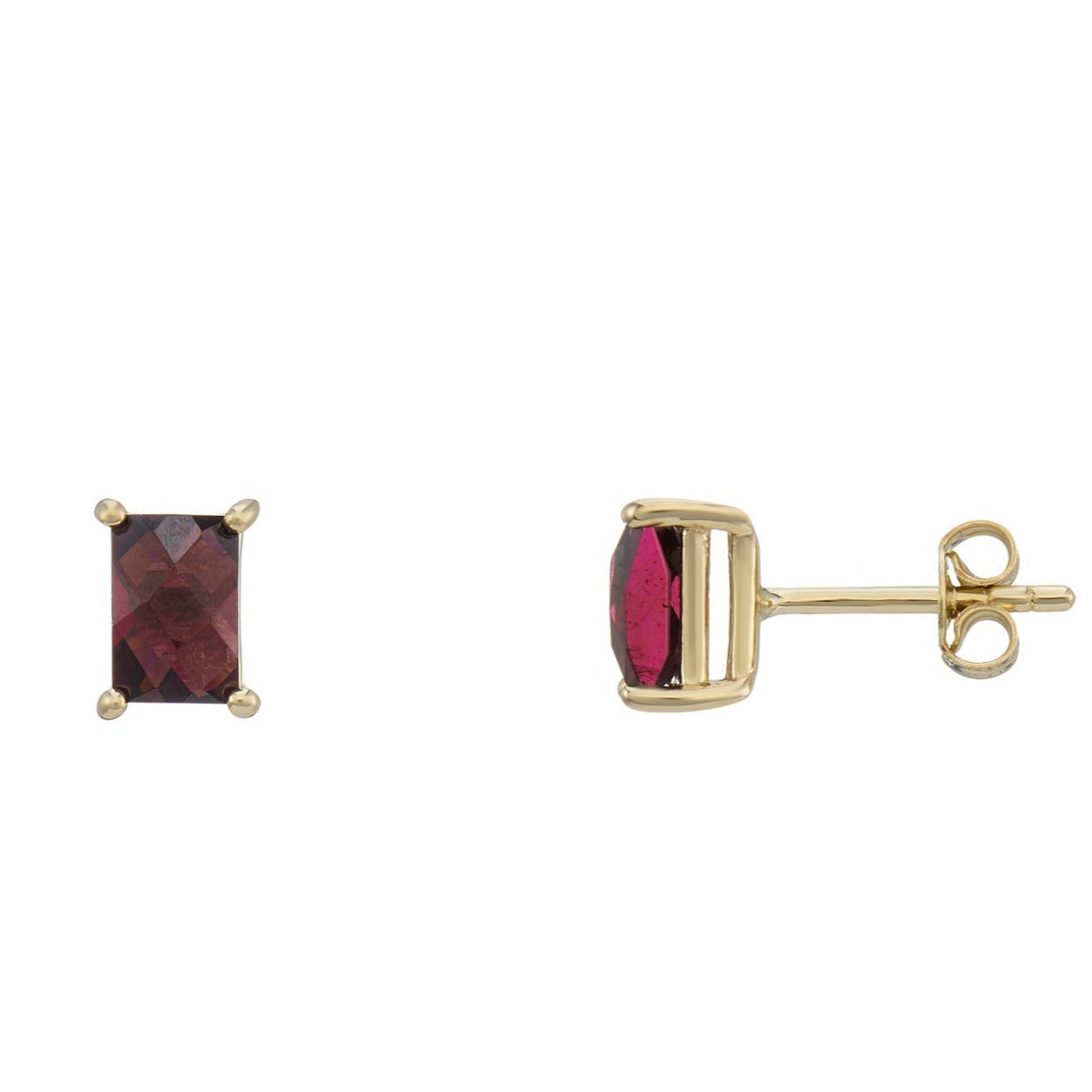 9ct gold 6x4mm rectangular checkerboard cut garnet stud earrings