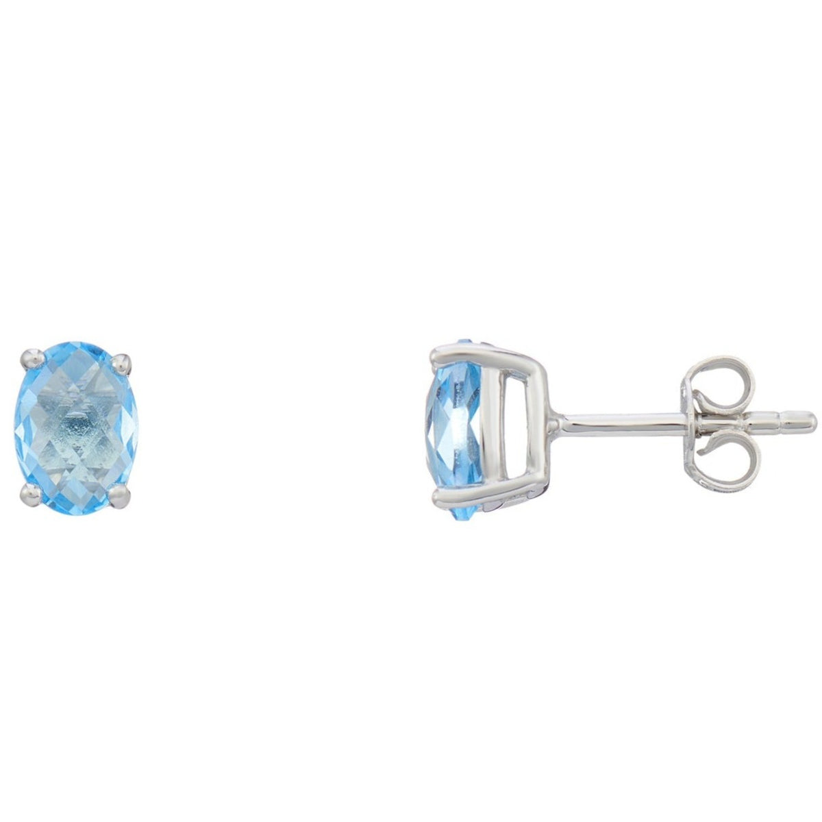 9ct white gold 7x5mm oval checkerboard cut blue topaz stud earrings