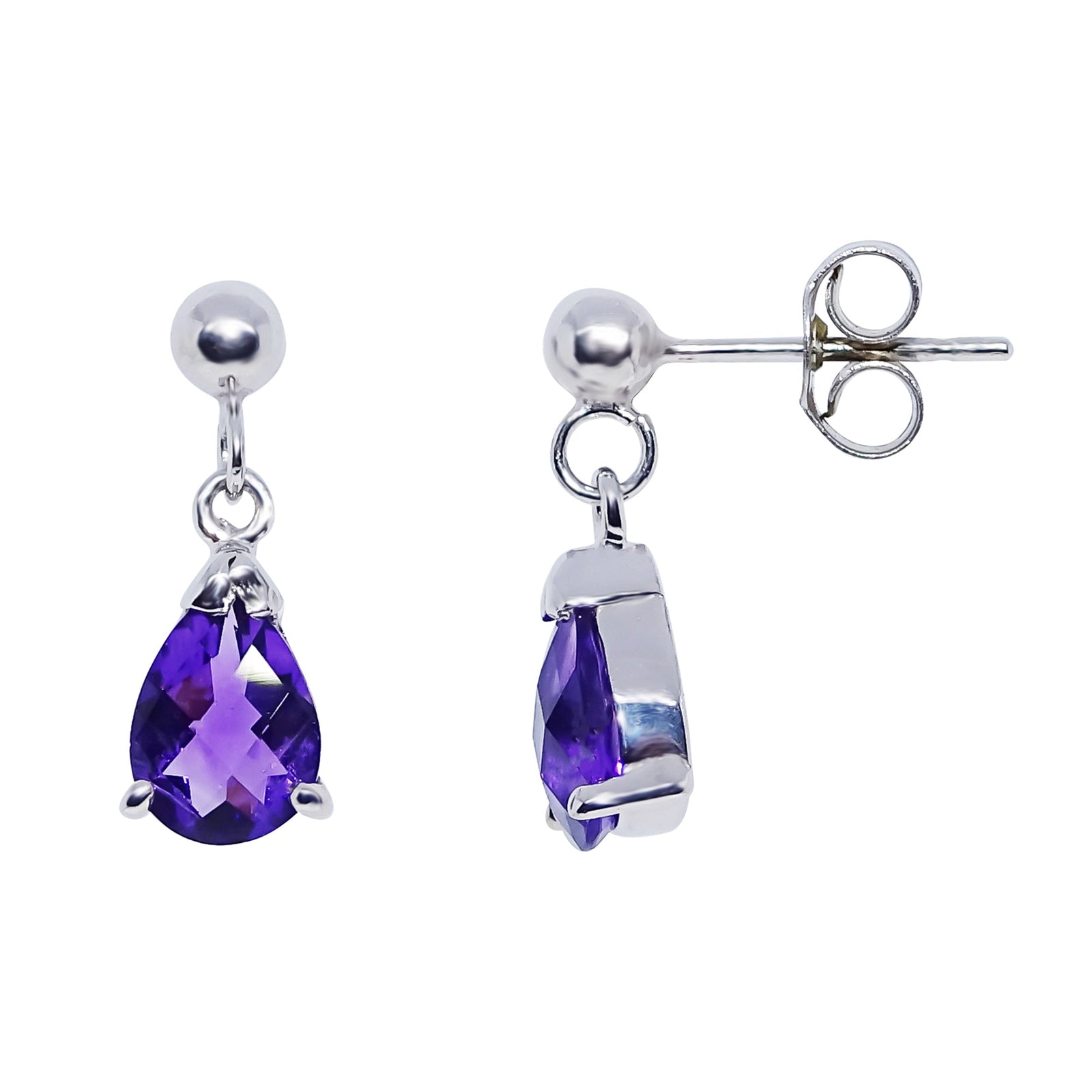 9ct white gold checkerboard cut 7x5 mm pear shape amethyst drop earrings