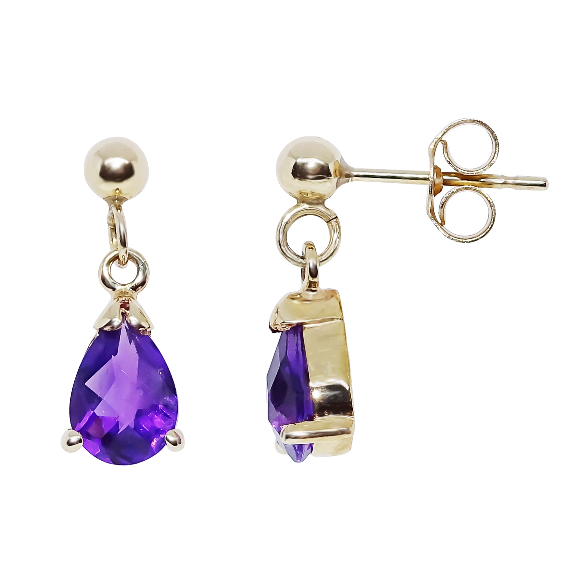 9ct gold checkerboard cut 7x5 mm pear shape amethyst drop earrings