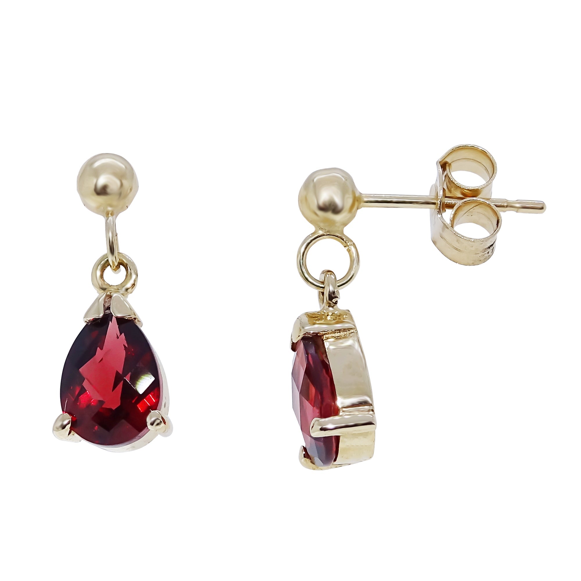 9ct gold checkerboard cut 7x5 mm pear shape garnet drop earrings