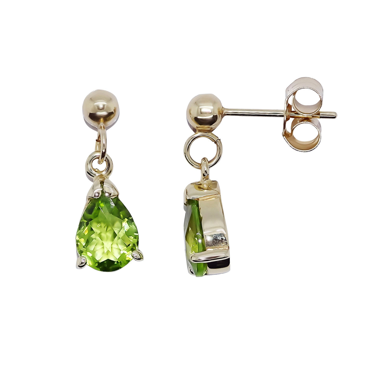 9ct gold checkerboard cut 7x5 mm pear shape peridot drop earrings
