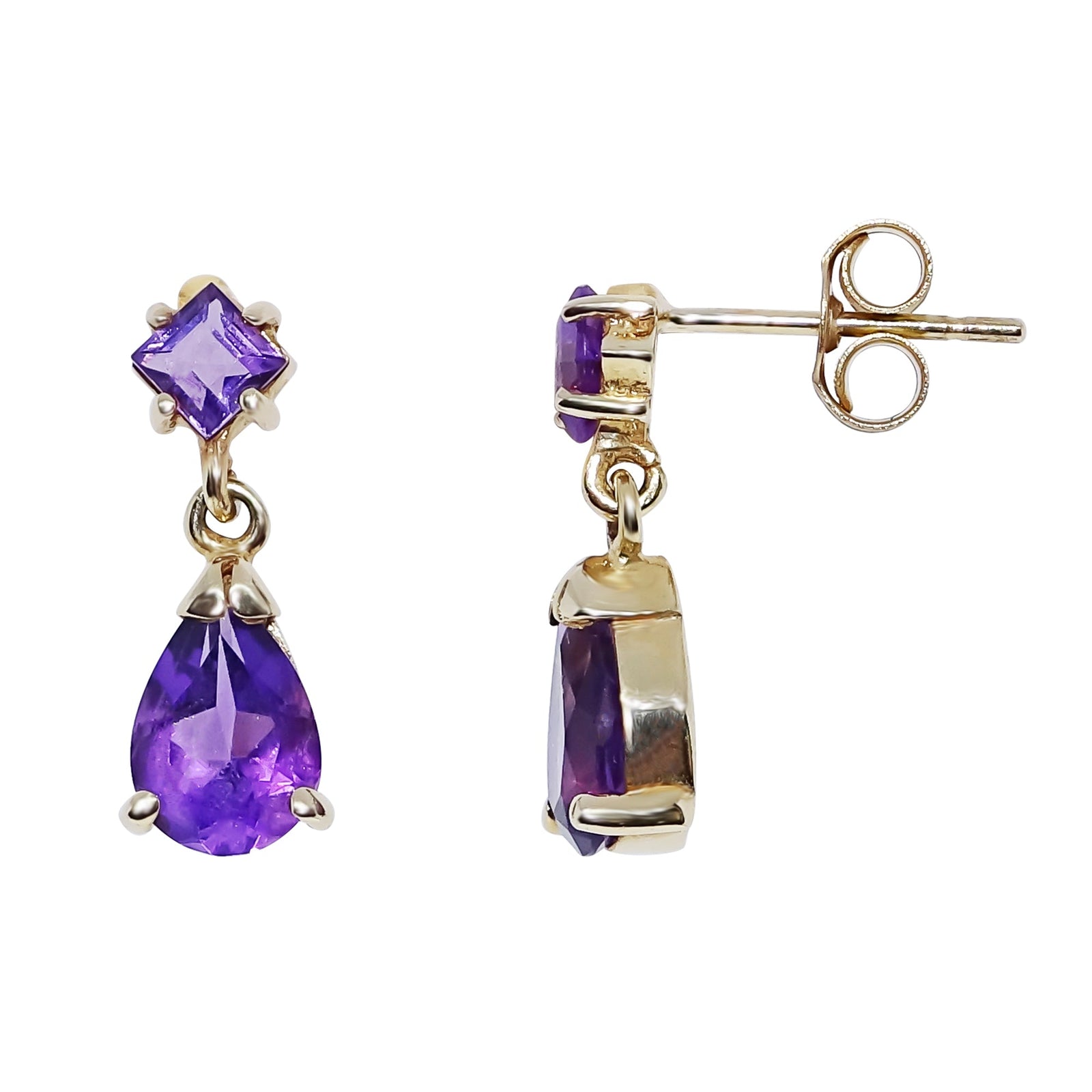 9ct gold 3mm square & 7x5mm pear shape amethyst drop earrings