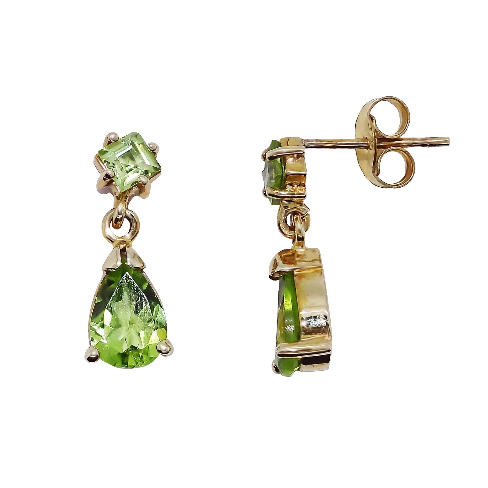 9ct gold 3mm square & 7x5mm pear shape peridot drop earrings