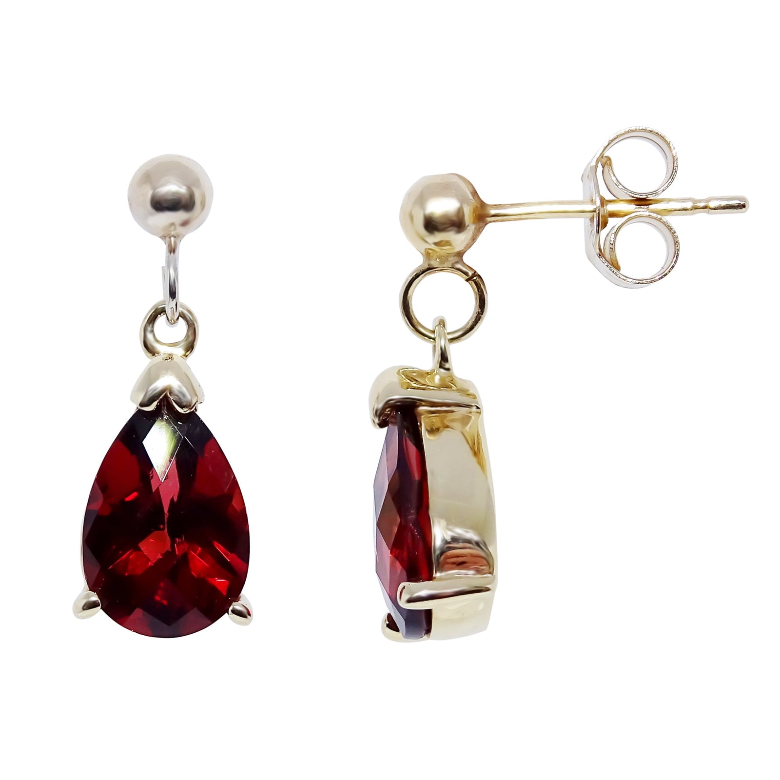 9ct gold checkerboard cut 8x6mm pear shape garnet drop earrings