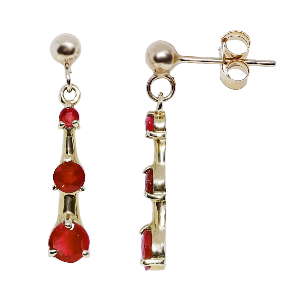 9ct gold triple round ruby (2,3 &amp; 4mm) drop earrings