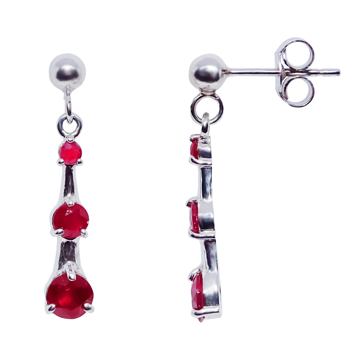 9ct white gold triple round ruby (2,3 &amp; 4mm) drop earrings