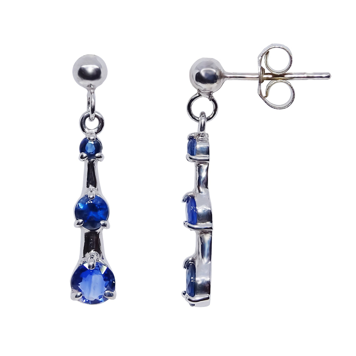 9ct white gold triple round sapphire (2,3 &amp; 4mm) drop earrings