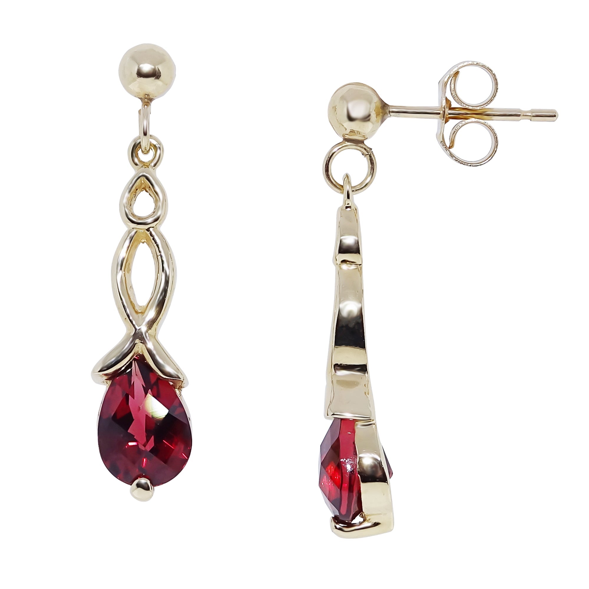 9ct gold checkerboard cut 7x5mm pear shape garnet drop earrings