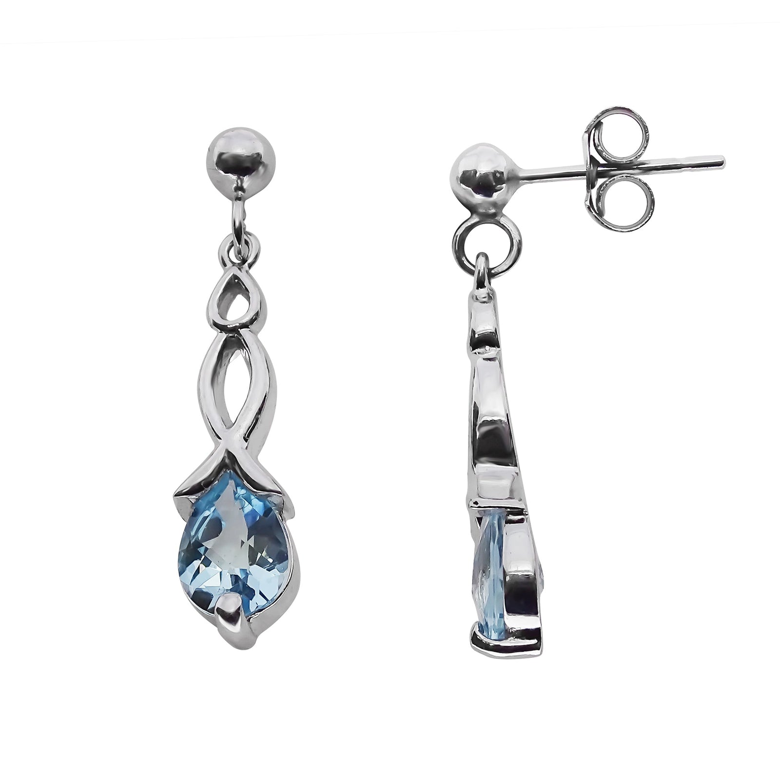 9ct white gold checkerboard cut 7x5mm pear shape blue topaz drop earrings