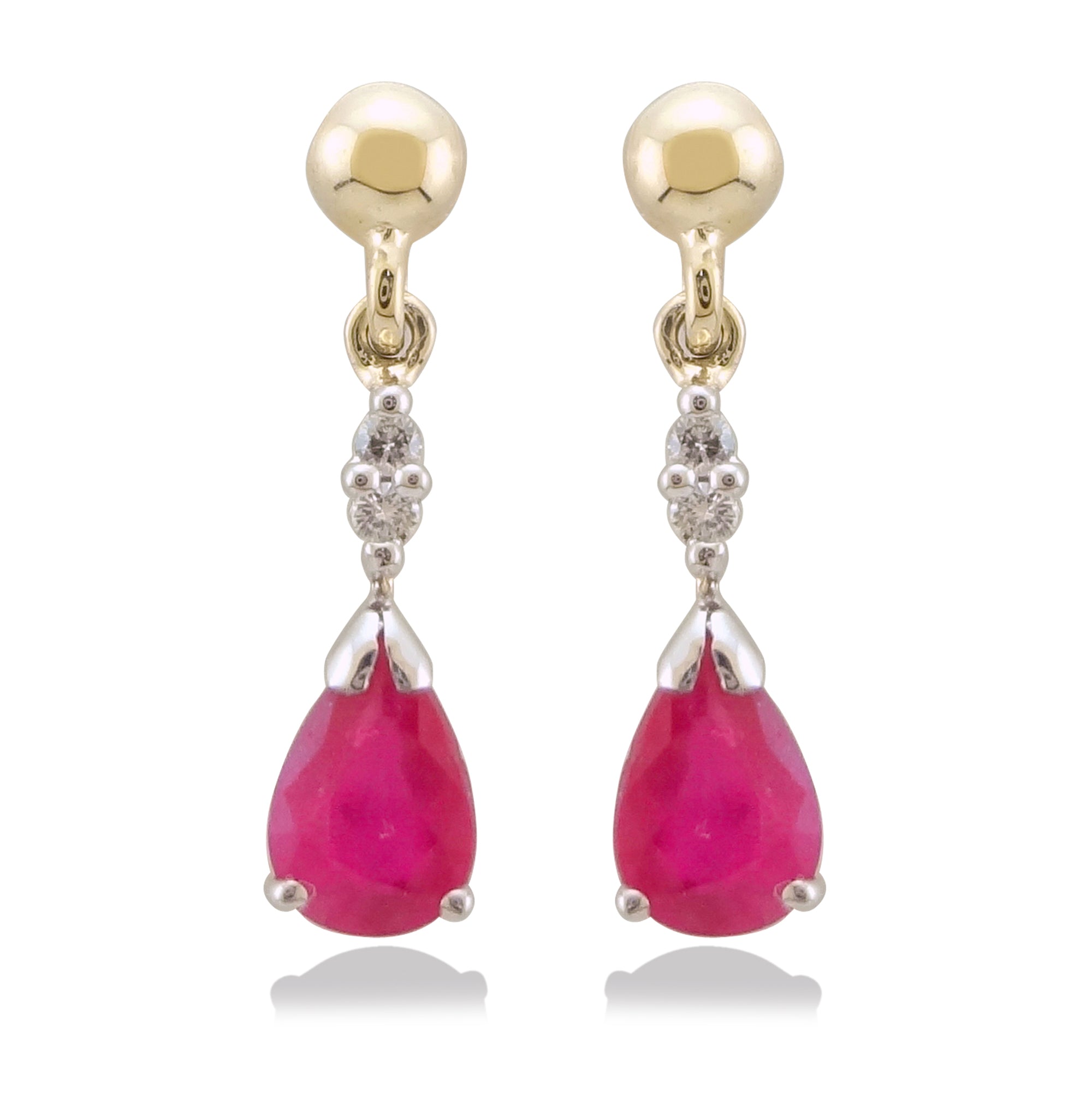 9ct gold 6x4mm pear shape ruby & diamond drop earrings 0.04ct