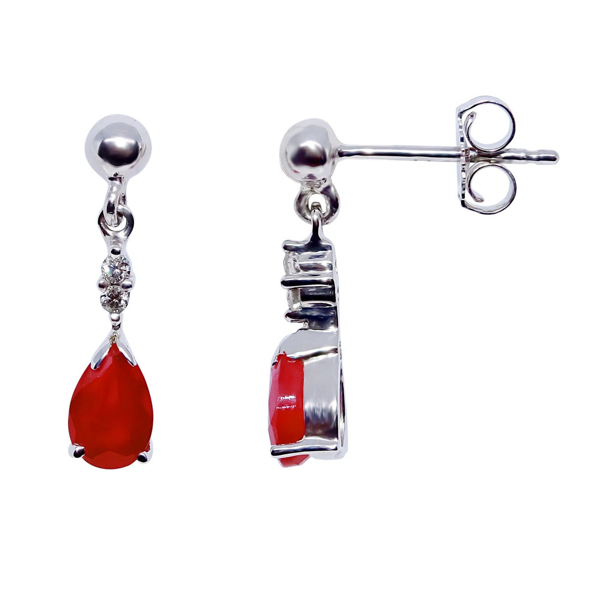 9ct white gold 6x4mm pear shape ruby &amp; diamond drop earrings 0.04ct
