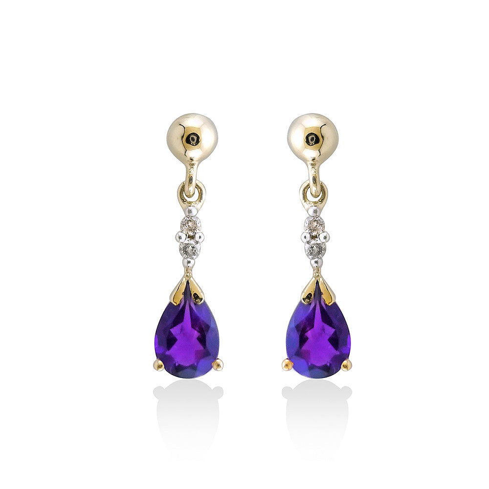 9ct gold 6x4mm pear shape amethyst & diamond drop earrings 0.04ct