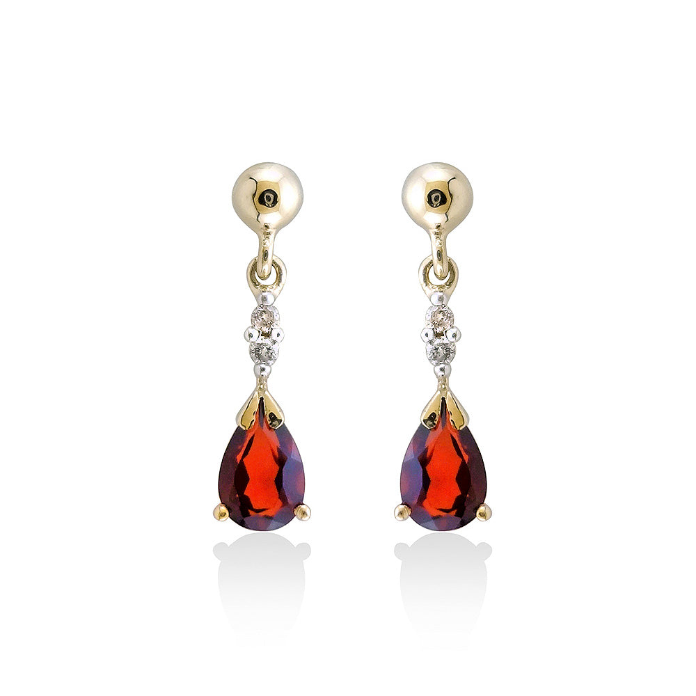 9ct gold 6x4mm pear shape garnet &amp; diamond drop earrings 0.04ct