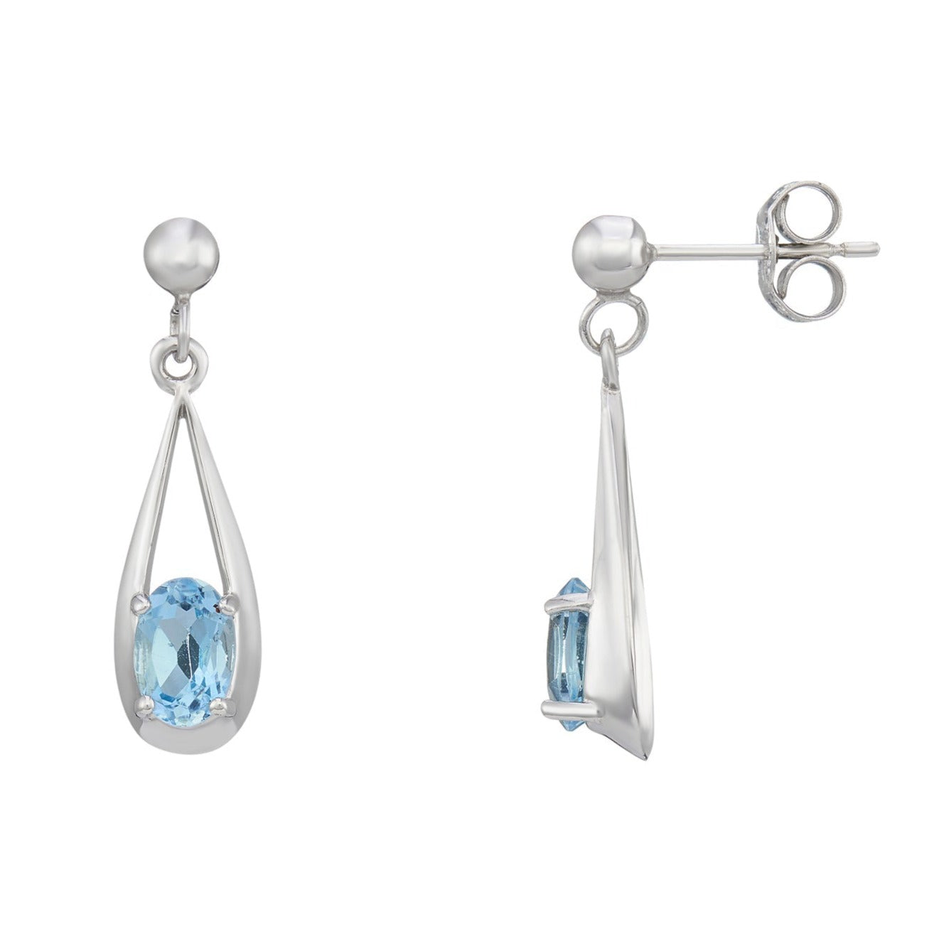9ct white gold 6x4mm oval blue topaz loop drop earrings