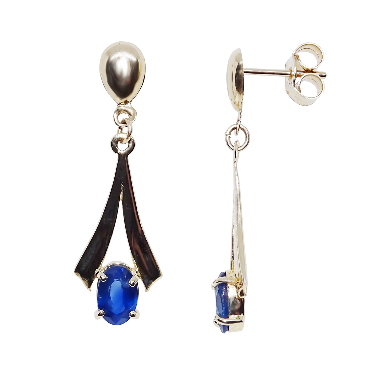 9ct gold 6x4mm oval sapphire fan shape drop earrings