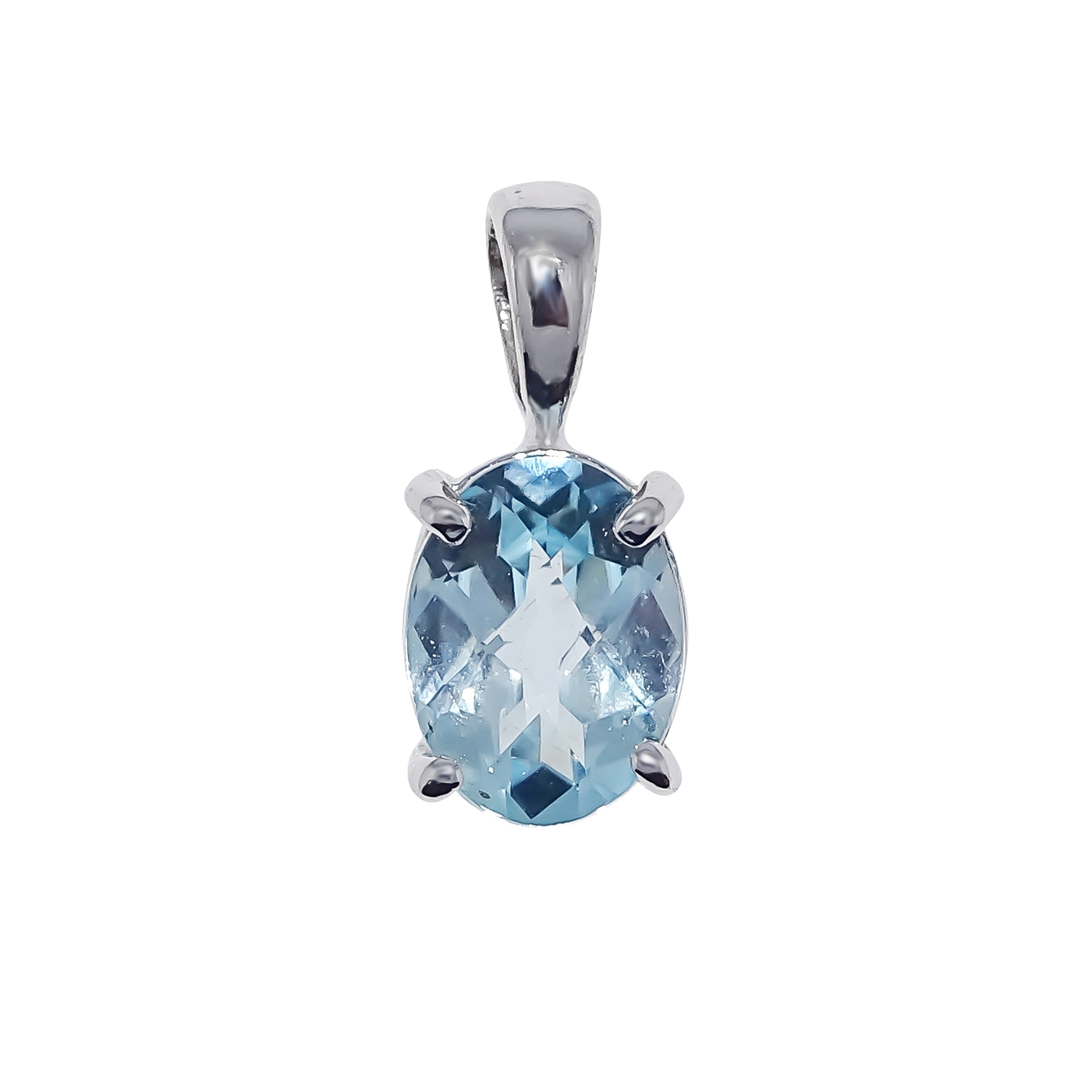9ct white gold checkerboard cut 8x6mm oval blue topaz pendant