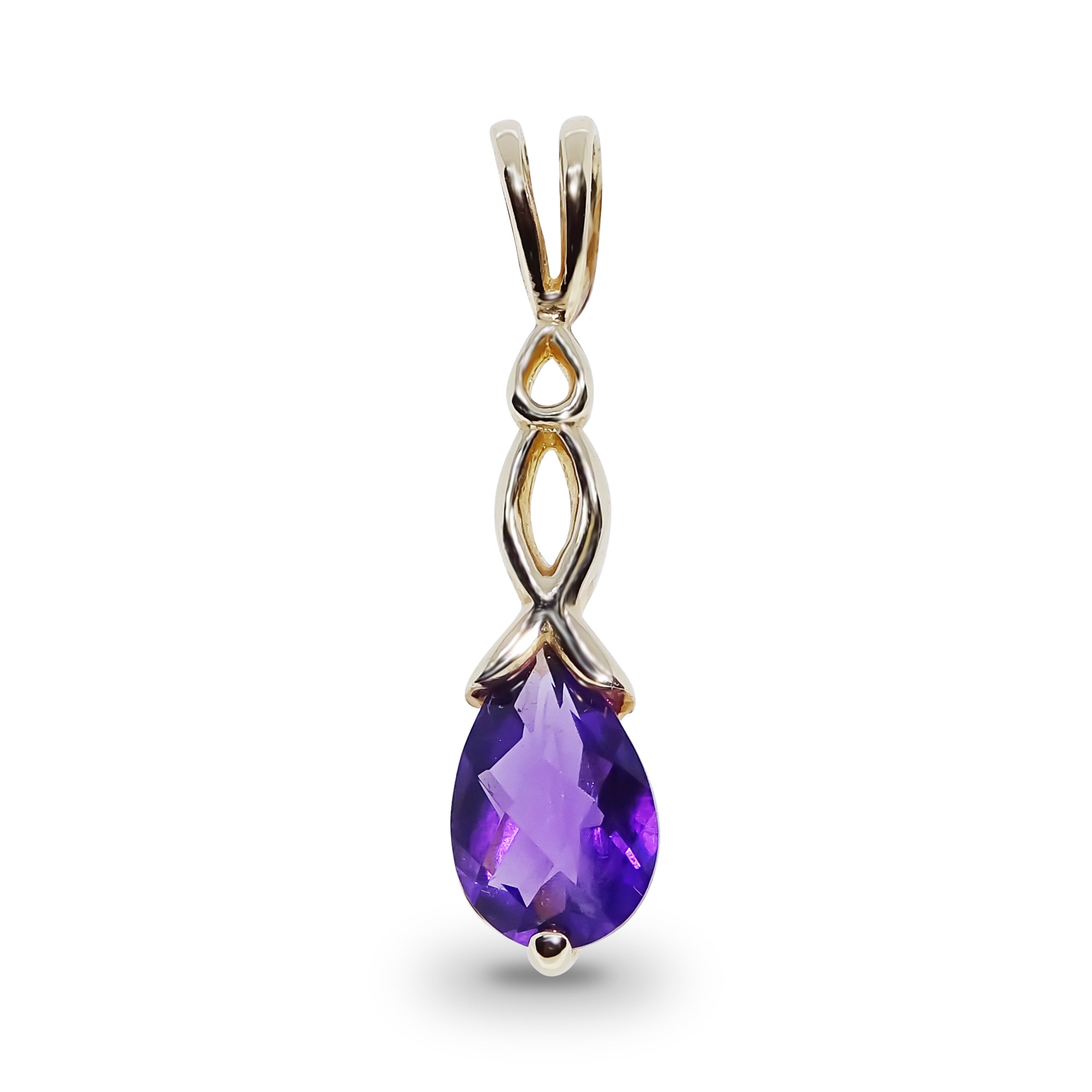 9ct gold checkerboard cut 8x6mm pear shape amethyst pendant