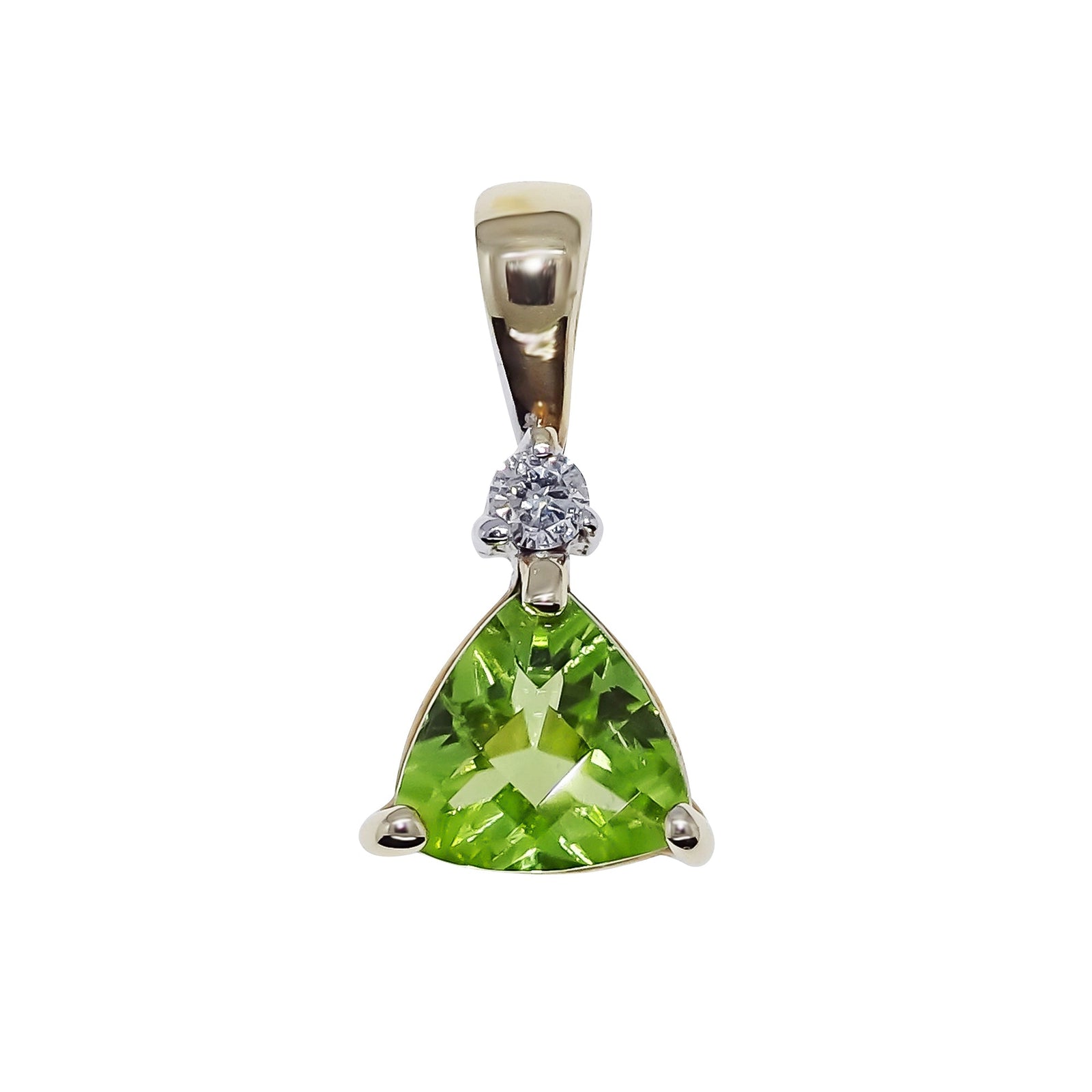 9ct gold chequerboard cut 6mm trillion shape peridot & diamond pendant 0.03ct