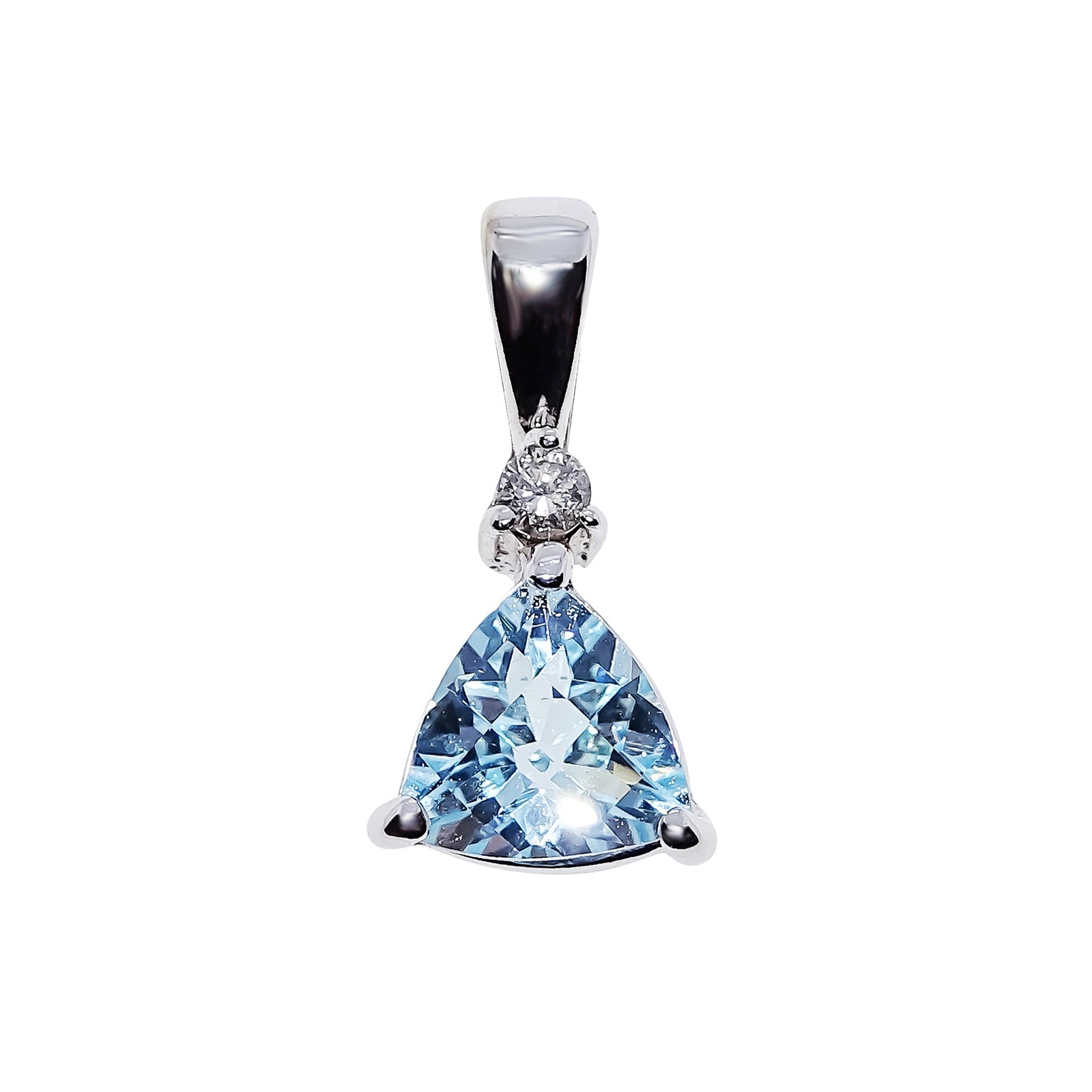 9ct white gold chequerboard cut 6mm trillion shape blue topaz & diamond pendant 0.03ct