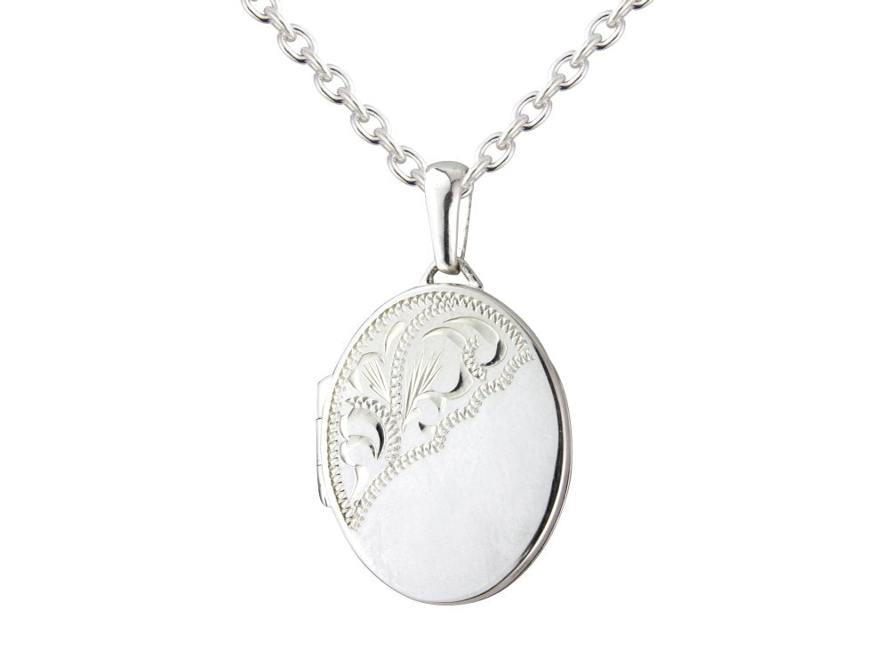 silver half engraved 16mm x 20mm oval flat locket & 18" chain