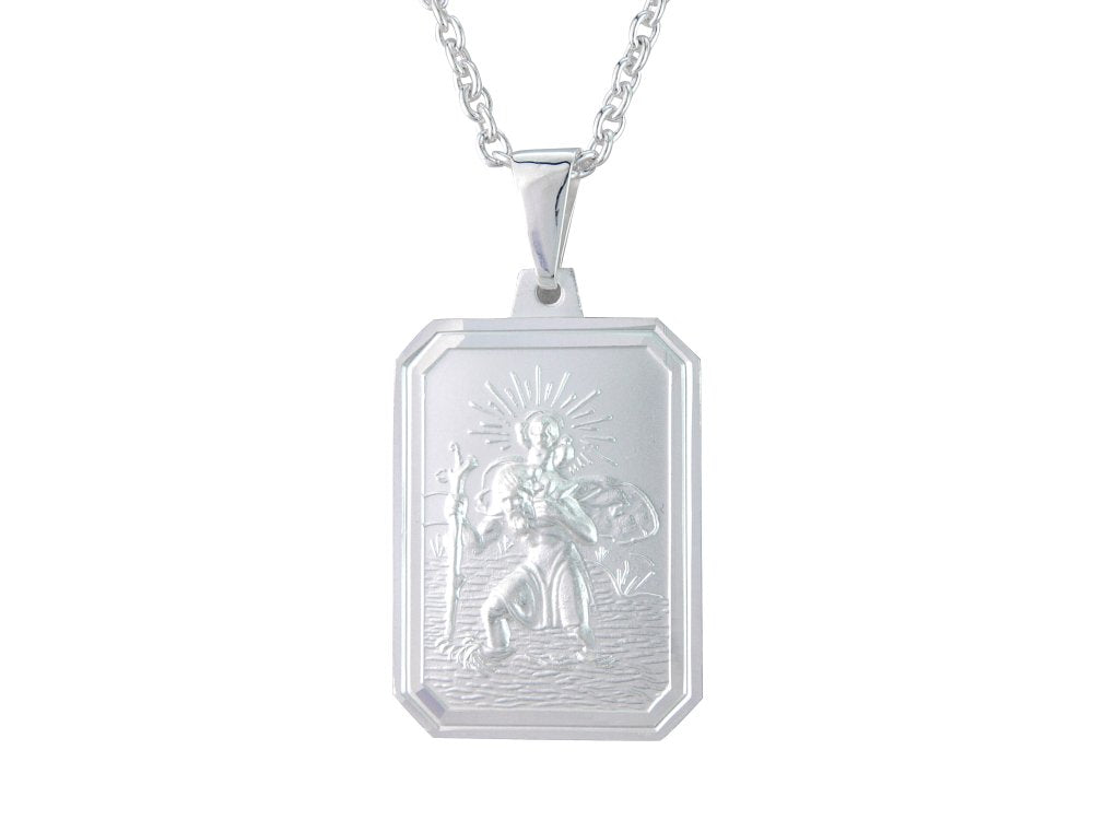 Silver  27mm x 20mm rectangular St. Christopher &amp; 20&quot; chain