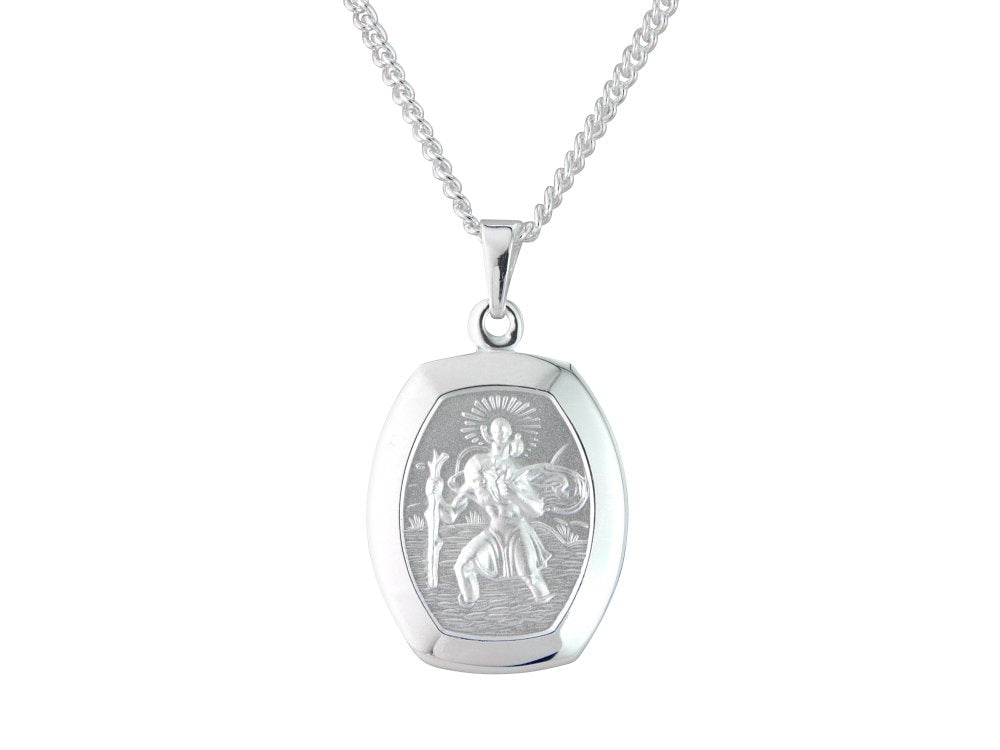 Silver 20mm x 16mm cushion shape rectangular St. Christopher & 18" chain