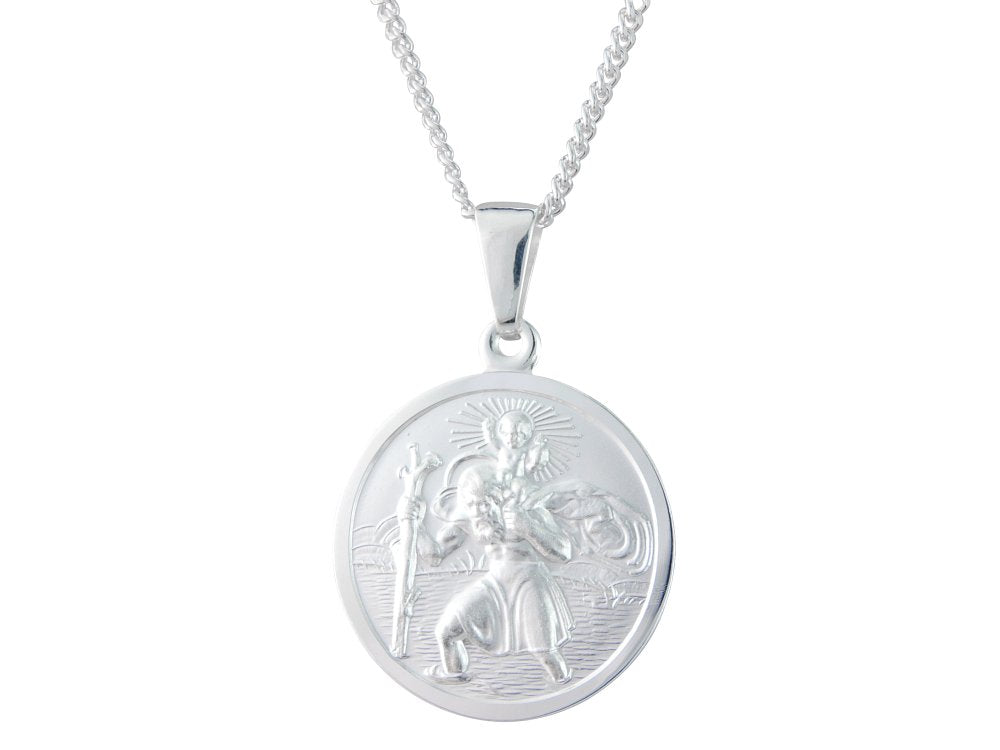 Silver 22mm round double sided St. Christopher &amp; 20&quot; chain
