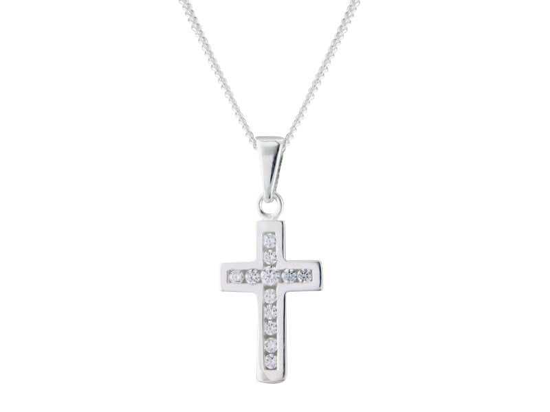 Silver cz channel set cross & 18" chain